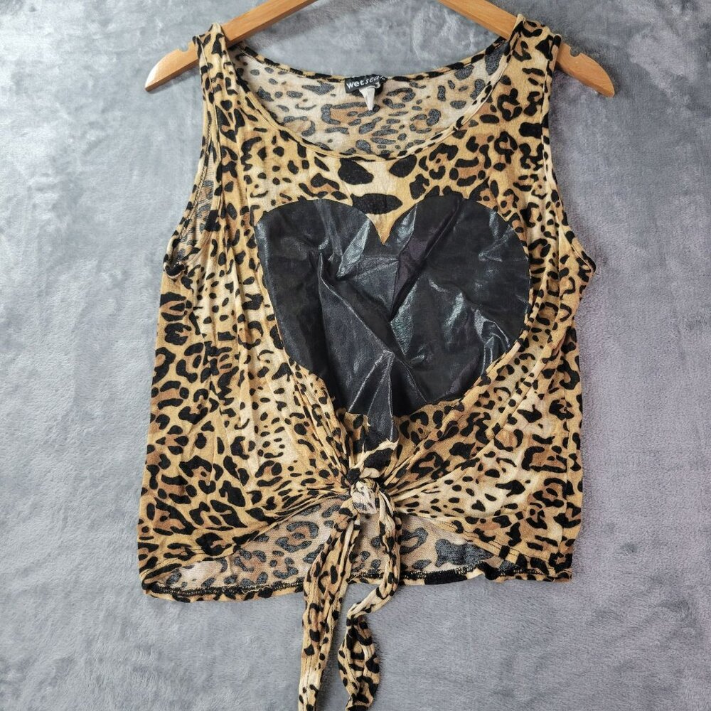 Wet Seal Womens Leopard Print Tie Front Tank Top‎ Heart Graphic Y2K Vibe Size L